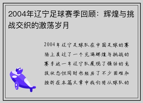 2004年辽宁足球赛季回顾：辉煌与挑战交织的激荡岁月
