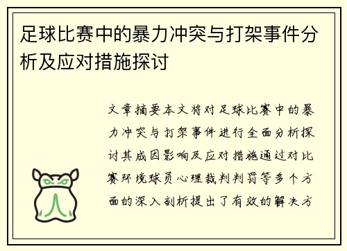 足球比赛中的暴力冲突与打架事件分析及应对措施探讨