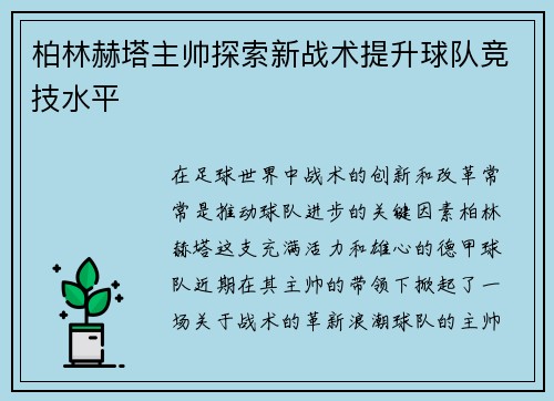 柏林赫塔主帅探索新战术提升球队竞技水平