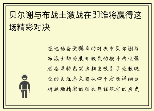 贝尔谢与布战士激战在即谁将赢得这场精彩对决