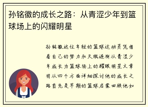 孙铭徽的成长之路：从青涩少年到篮球场上的闪耀明星