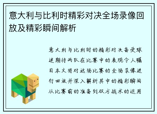 意大利与比利时精彩对决全场录像回放及精彩瞬间解析