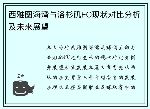西雅图海湾与洛杉矶FC现状对比分析及未来展望
