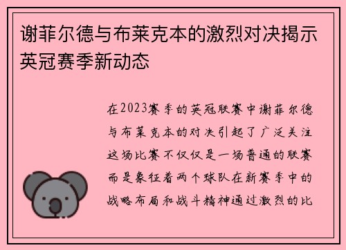 谢菲尔德与布莱克本的激烈对决揭示英冠赛季新动态