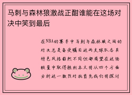 马刺与森林狼激战正酣谁能在这场对决中笑到最后