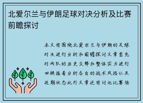北爱尔兰与伊朗足球对决分析及比赛前瞻探讨