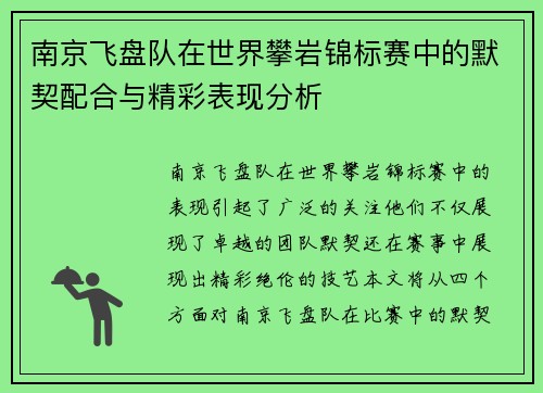 南京飞盘队在世界攀岩锦标赛中的默契配合与精彩表现分析